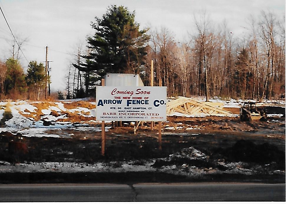 Coming Soon sign for the new home of Arrow Fence Co. on Route 66 in East Hampton Connecticut circa 1987