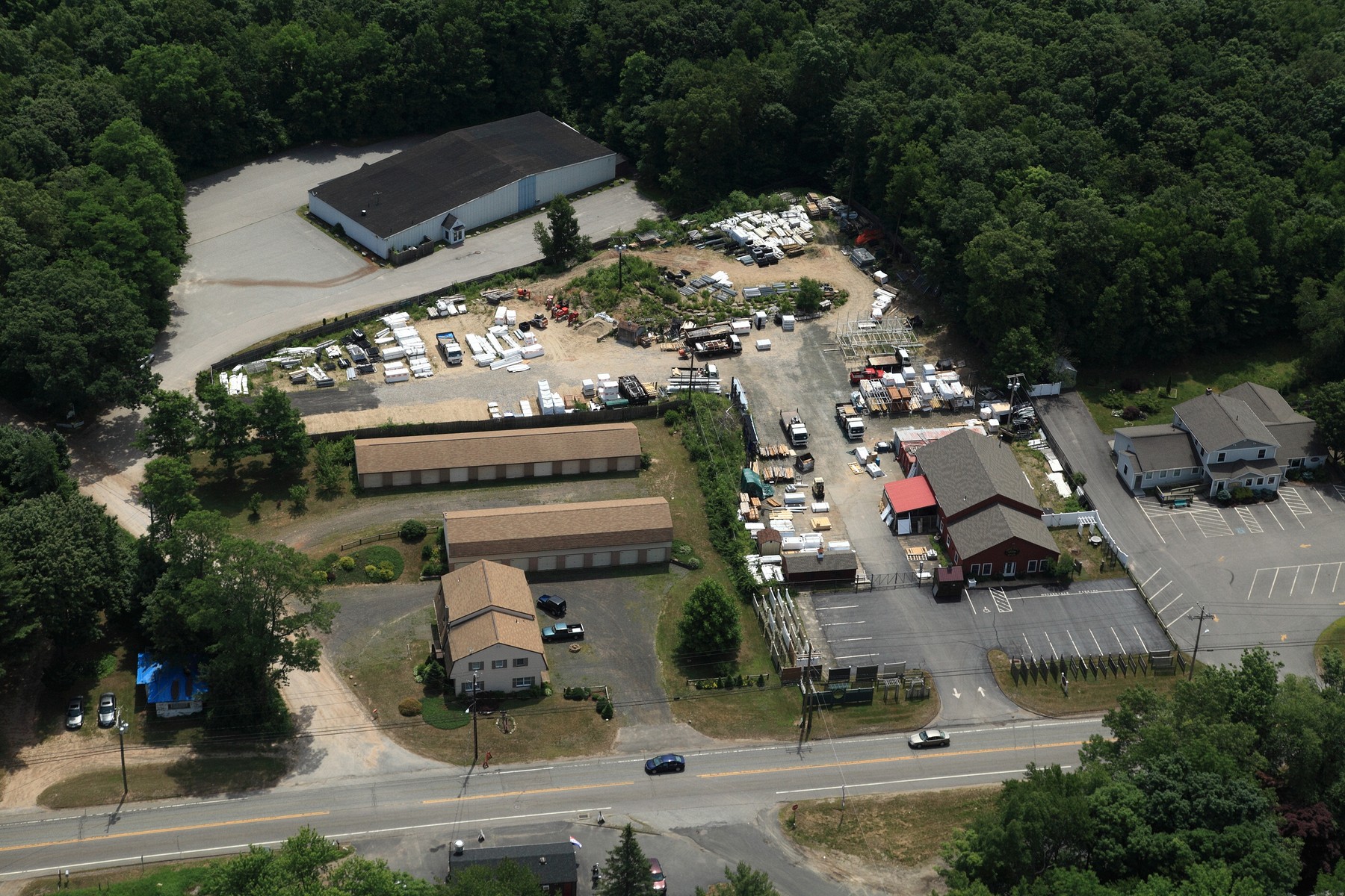 Aerial view of the Arrow Fence Inc. facility yard and workshop on Route 66 in East Hampton Connecticut